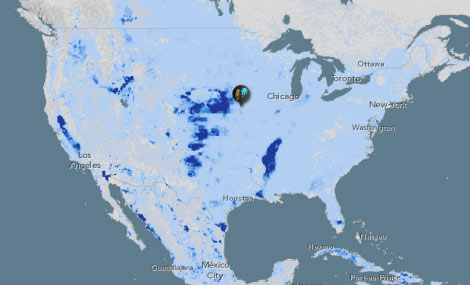 This map shows irrigated areas in blue; the darker the color, the heavier the irrigation.